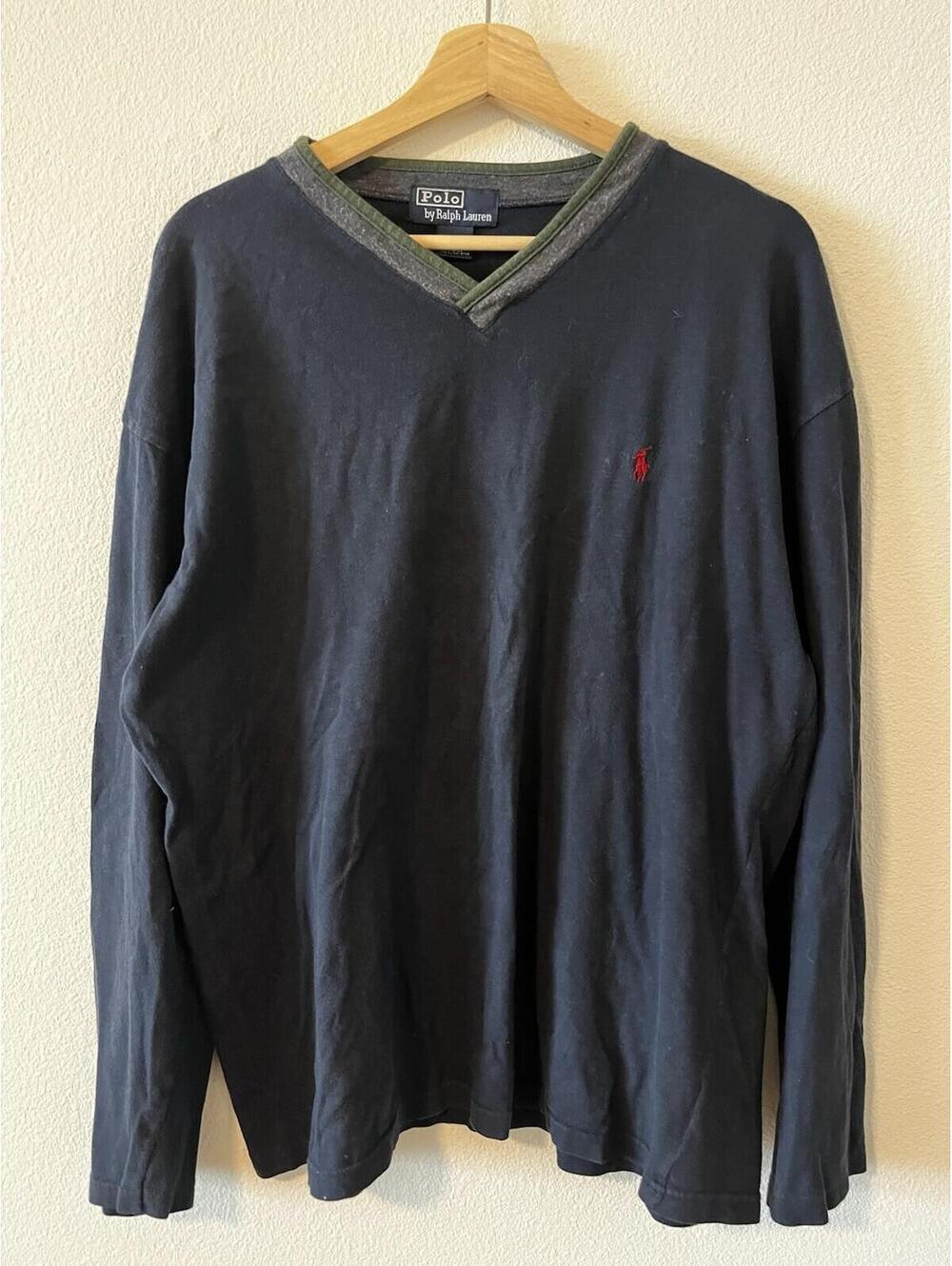 Polo Ralph Lauren V-Neck Pullover Shirt L Navy Blue Red Pony
